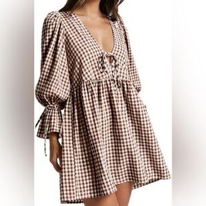 Brown Gingham Long Sleeve Dress